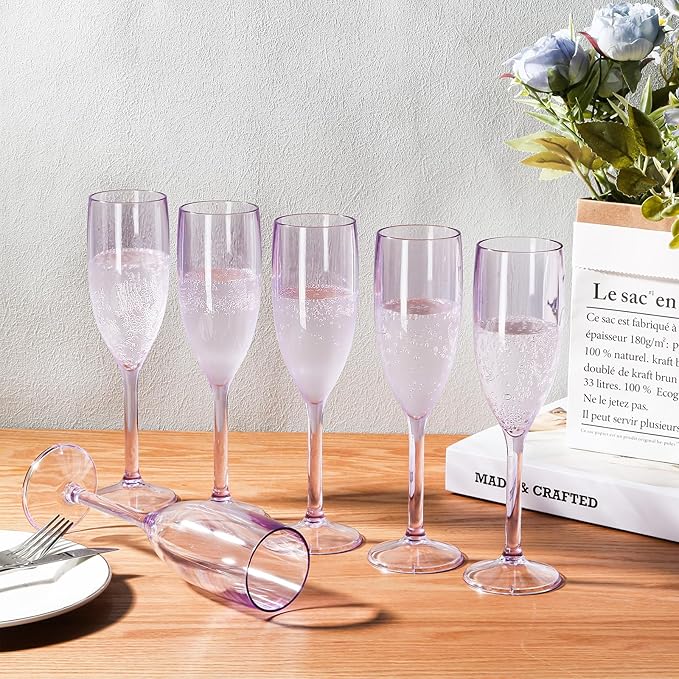 XUWAIDSGN 10 Pcs Reusable Champagne Flutes Plastic Wine Glasses Bulk Vintage Champagne Flutes Mimosa Bar Glasses Stemmed Drinking Cups 5.4OZ for Christmas Birthday Wedding Bride