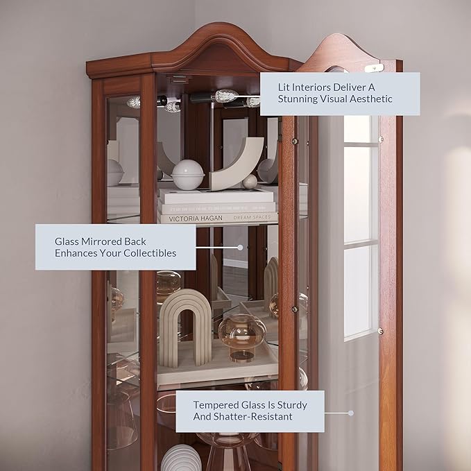 BELLEZE Lighted 3-Side Glass Display Curio Cabinet w/Tempered Glass Doors and Shelves, Curved Wood Corner Cabinet with Bulb, Corner Storage Rack for Living Room and Kitchen (Oak)