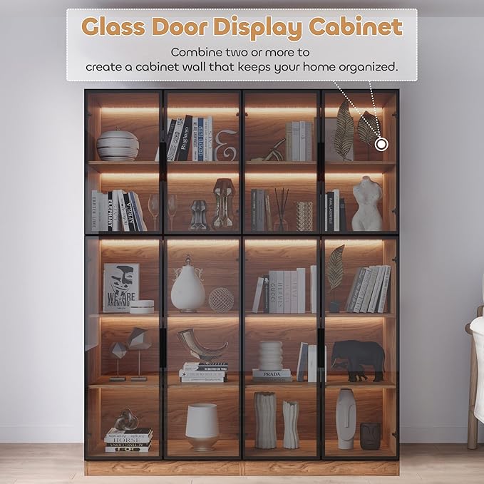 Modern Display Storage Cabinet with LED Lights, Glass Door Tall Showcase with 5-Tier Shelves for Collectibles, Books, Wine, Curio Cabinet for Home Office Living Room Bedroom, Walnut