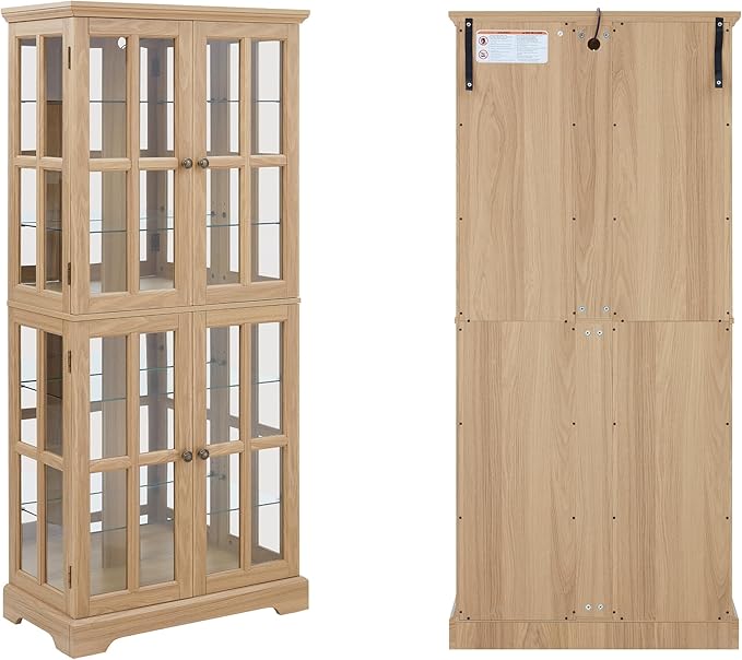 68" H Glass Curio Display Cabinet with Light, 6-Tier Wooden Storage Showcase w/ 4 Glass Doors & Adjustable Shelves, Vintage Accent Cabinet w/Mirrored Back Pane for Home & Office (Oak)