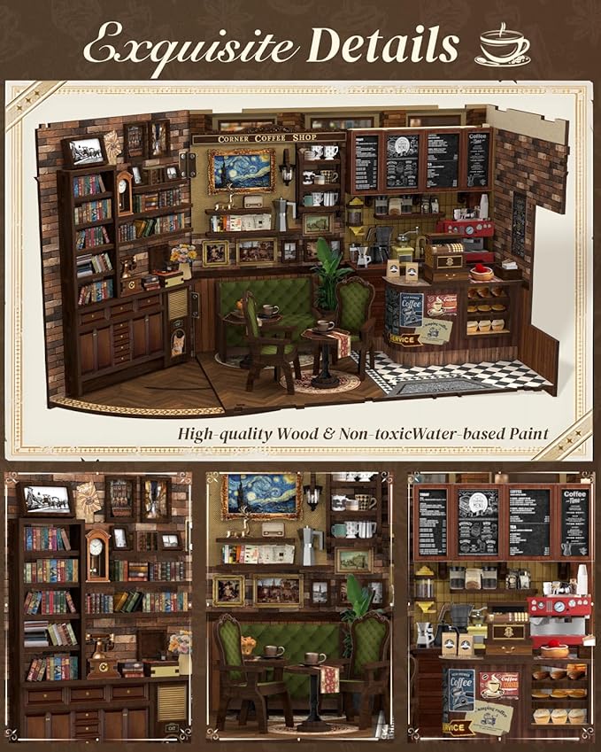 Cutefun Book Nook Kit - DIY Miniature Coffee Shop Booknook Kits for Adults and Teens, 3D Wooden Puzzle Bookend Bookshelf with LED Light, Gifts for Family and Friends (Corner Coffee Shop)
