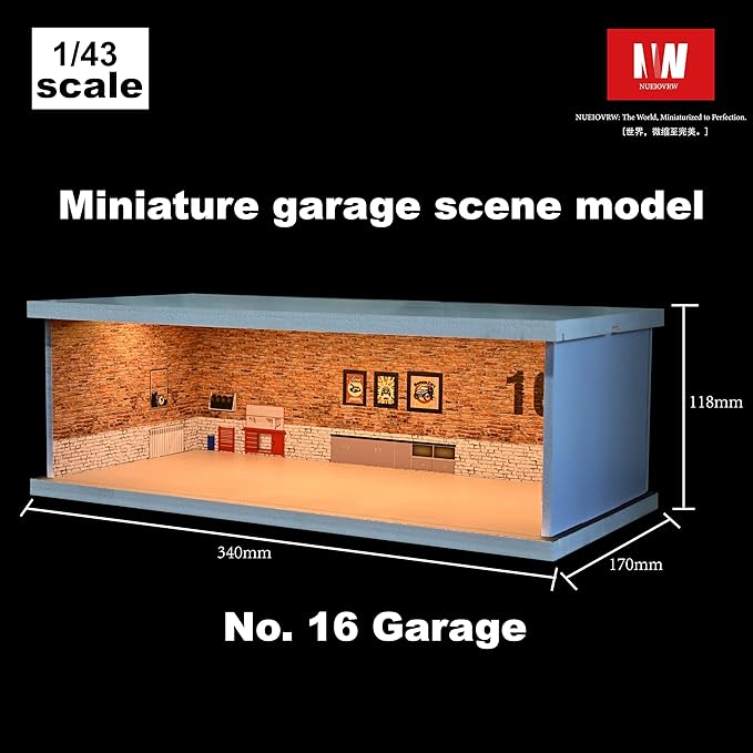 1/43 Diorama Display Case with Tri-Colour Dimmable Lighting, Fits for Hot Wheel Matchbox Mini GT Diecast Cars Model,1:43 Car Garage Parking Lot Scene Display Storage (No.16 Garage)