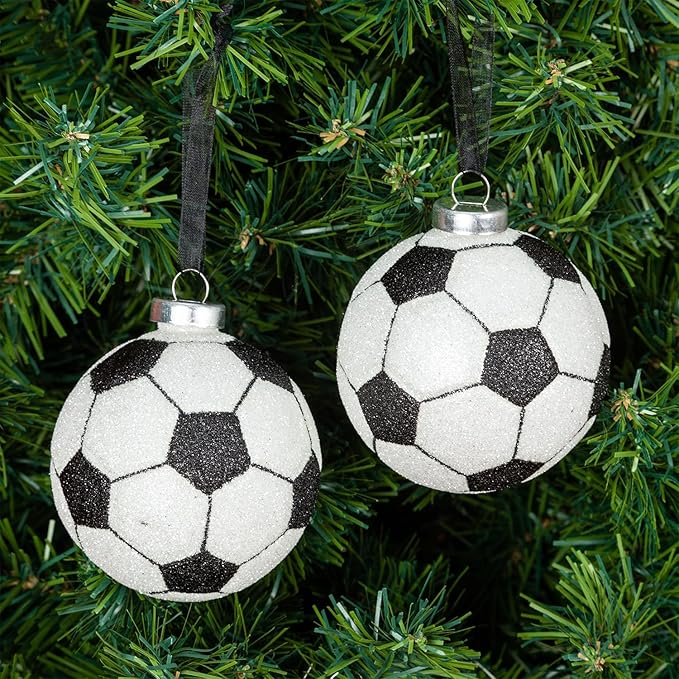 Every Day is Christmas Glass Blown Ornaments Cute Hand Made Figurines Tree Decoration, Set of 2 Soccer Ball