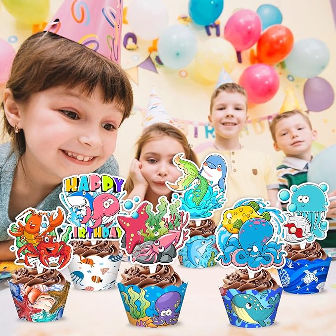 48PCS Ocean Themed Birthday Party Decorations | 24PCS Cupcake Toppers & 24PCS Cupcake Wrappers Party Favors Supplies Sea Animals Centerpiece Table Gifts for Boys Girls Carnival Prizes