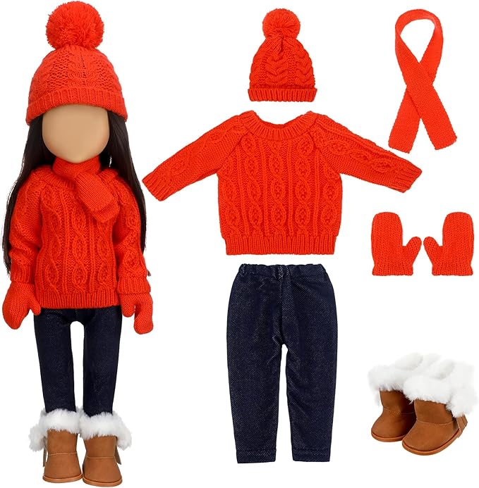 Bencailor 6 Pcs Winter 18 Inch Doll Clothes and Accessories Winter Outfits Set Sweaters Trousers Hats Shoes for 18 Inch Doll Gifts(Orange Red,Fresh)
