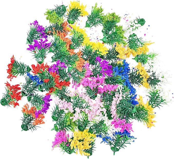 PrettyLife 50Pcs Miniature Flower Cluster Flower Plant Tufts for Mini Dollhouse Fairy Garden Railway Simulated Static Scenery Micro Landscape Model