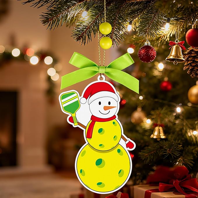 4.3 Inches Snowman Pickleball Christmas Ornament,Wooden Pickleball Snowman Tree Ornament Hanging Decoration for Rearview Mirror, Window, Eaves, Fireplace and Home Holiday Party Decor