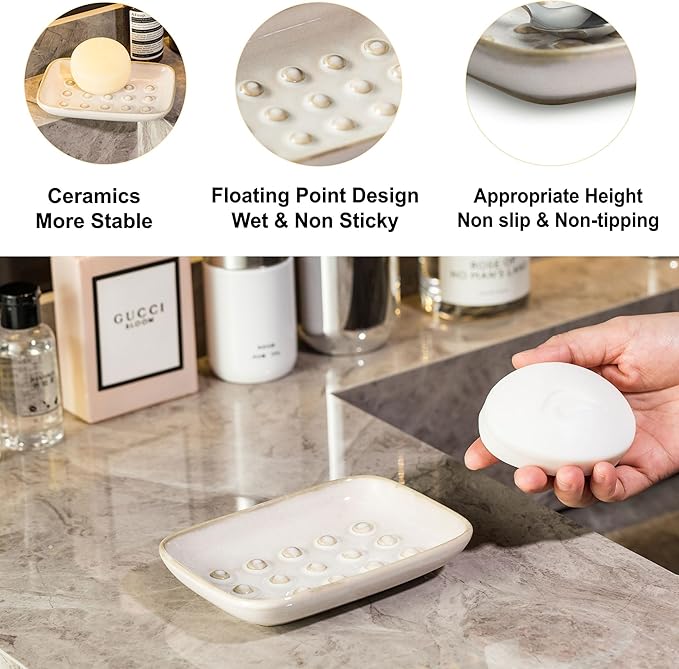 Miamolo Soap Dish for Shower, Ceramic Soap Dish Non-Slip Soap Holder Bar Saver Tray for Bathroom Kitchen Sink, Floating Point Design Save Soap Loss