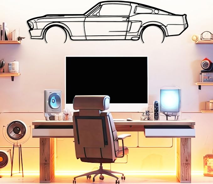 DecoSoul Mustang Metal Car Wall Art, Sports Car, Automotive Silhouette Line Decoration, Minimalist Sculpture for Garage, Indoor Outdoor Wall Hanging, Gift for Boyfriend (Black - 25 x 6.9” inch)
