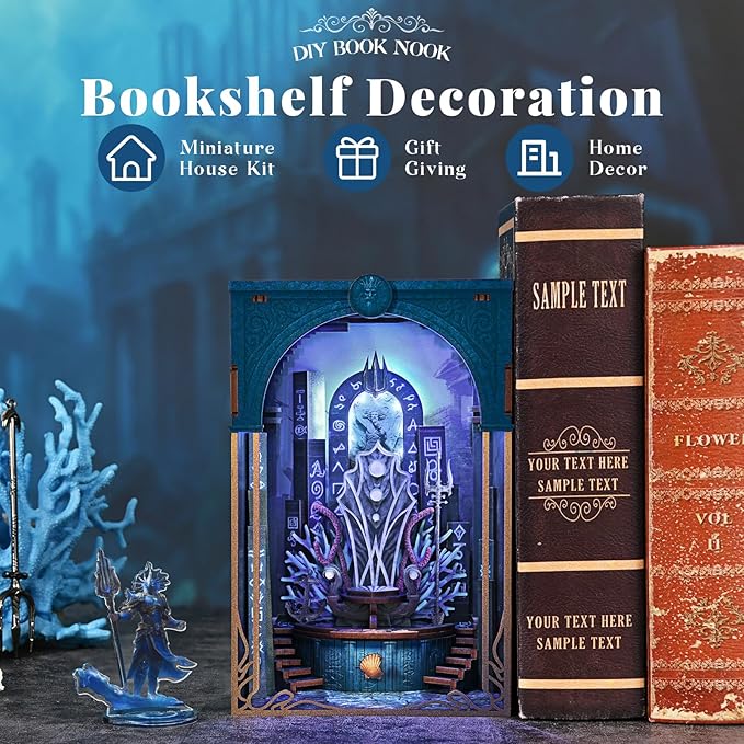 Book Nook Kit - 3D Wooden Puzzle for Beginners, Adults and Teens, DIY Miniature House Dollhouse Kit Booknook Tiny House Bookshelf Decor, Gifts for Family, Friends (Throne of Aqua)