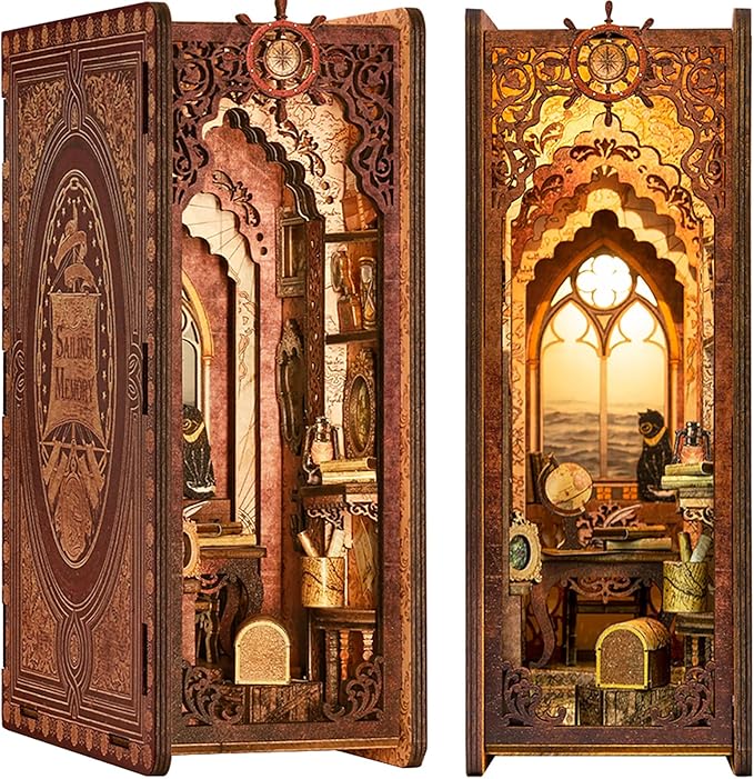 Cutefun Book Nook Kit - DIY Miniature Dollhouse Kit for Adults and Teens, Bookend Mini House Building Kit with LED, 3D Wooden Puzzle for Beginner Creative Gifts (Sailing Memory)