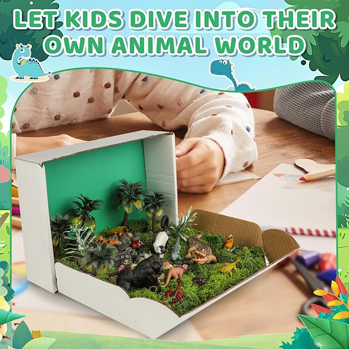 52 Pcs Rainforest Diorama Box Kit - Jungle Animal Model Figures Set, Artificial Tree Stump Fake Rocks Sand Stone Moss for DIY Craft Projects, Home Decoration, Collection Display
