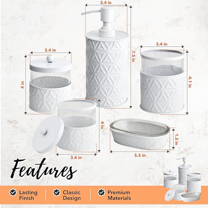 Autumn Alley White Bathroom Accessories Set, 5 Pieces, Bathroom Decor - Soap Dispenser Bathroom/Lotion Dispenser, Toothbrush Holder, 2 Glass Apothecary Jars (Qtip Holder), Soap Holder