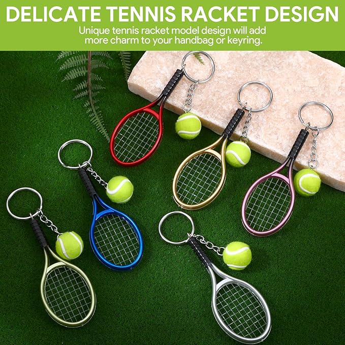 18 Pcs Mini Tennis Racket Keychains, Alloy Cute Keychains Bag Charms Breakaway Keychain, 6 Color Tennis Keychain Ornament Accessories, Sports Fan Key Chains Mini Keychain Tennis Gifts for Men Women
