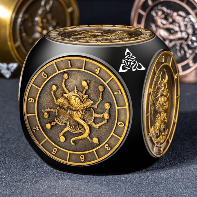 7 in 1 Unique Spinner DND Dice Set D&D, Metal Cube D and D Dice with Gift Box, Dungeons Dragons Role Playing Dice, Black Gold