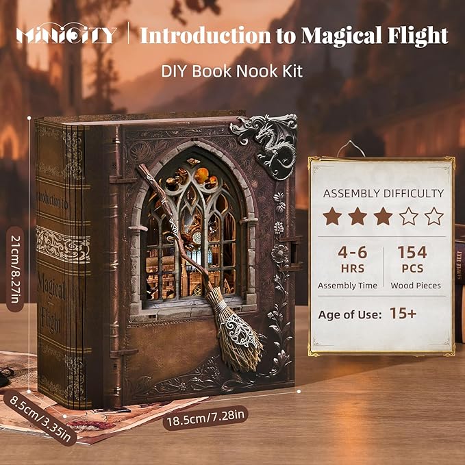 DIY Book Nook Kits for Adults, Miniature Dollhouse Booknook Kit, 3D Wooden Puzzle Creative Decorative Bookends Bookshelf Diorama Insert Crafts Hobbies Gifts (Introduction to Magical Flight)