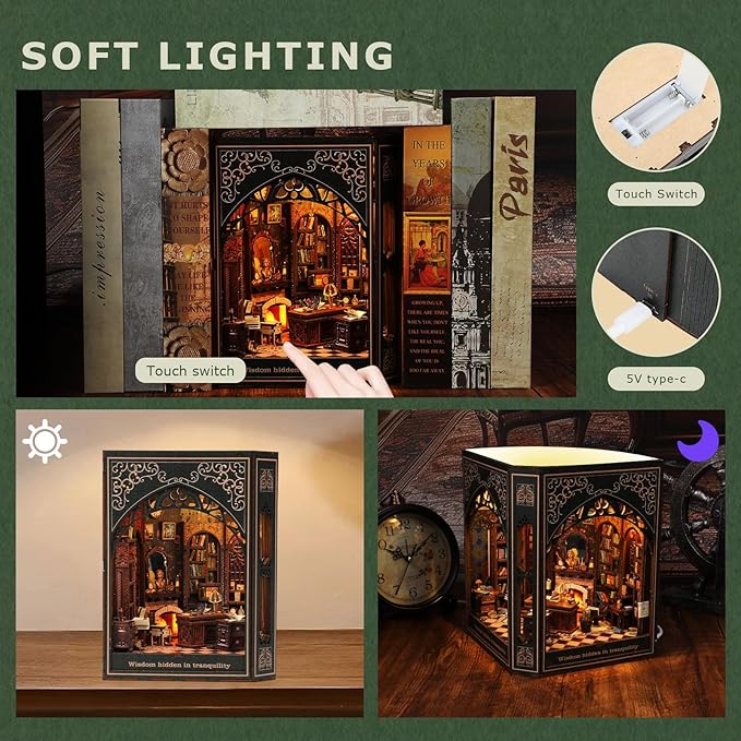Book Nook Kit – 3D Wooden Puzzle Miniature Dollhouse, DIY Craft for Teens and Adults, Vintage Design with LED Lights and Touch Switch（Classical Library）