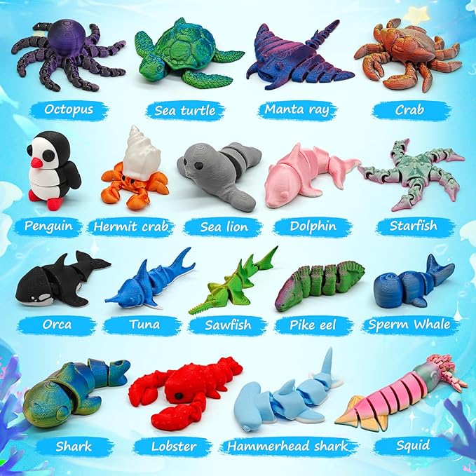 3D Printed Animal Figures Set, 18Pcs 3D Printed Toys, Ocean Animal Figurines Toys, Fidget Articulated Flexible Toy for Party Favors Birthday Gifts Office Desktop Home Decoration