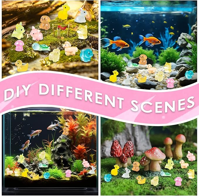 JIUDUOYUAN 160pcs Luminous Mini Resin Animals Figurines Mini Ducks Dogs Squirrels Giraffes Rabbits Tiny Elephants Miniature Figurines Glow in The Dark Garden Miniatures Fairy Garden Accessories