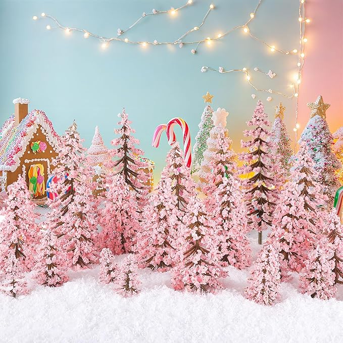 Skylety 35 Pieces Model Trees 1.2-6.3 Inch Mixed Miniature Trees Diorama Supplies Fake Plants Train Scenery Landscape Christmas Village Architecture DIY Crafts(Pink,Cedar)