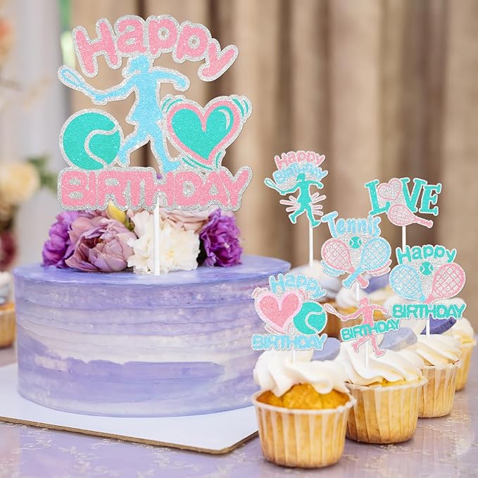 7-Piece Tennis Cake Topper Set Girls Athlete Happy Birthday Racket, Girls and Ladies Tennis Player Birthday Party, Baby Shower Party or Tennis Themed Party I Love Tennis Decorations. LIANGSS