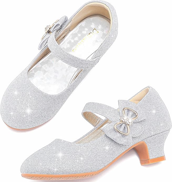 Dufannie Girls Dress Shoes Low Heel Princess Flats Mary Jane Flower Wedding Party Glitter Shoes for Kids Toddler