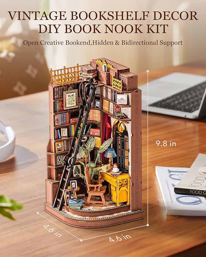 Rolife DIY Book Nook Kit Silent Corner Study, 3D Puzzles Creative British Bookend Bookshelf Decor for Adults, Tiny House Miniature Kits Model Building Kits, DIY Crafts/Gifts for Teens & Book Lovers