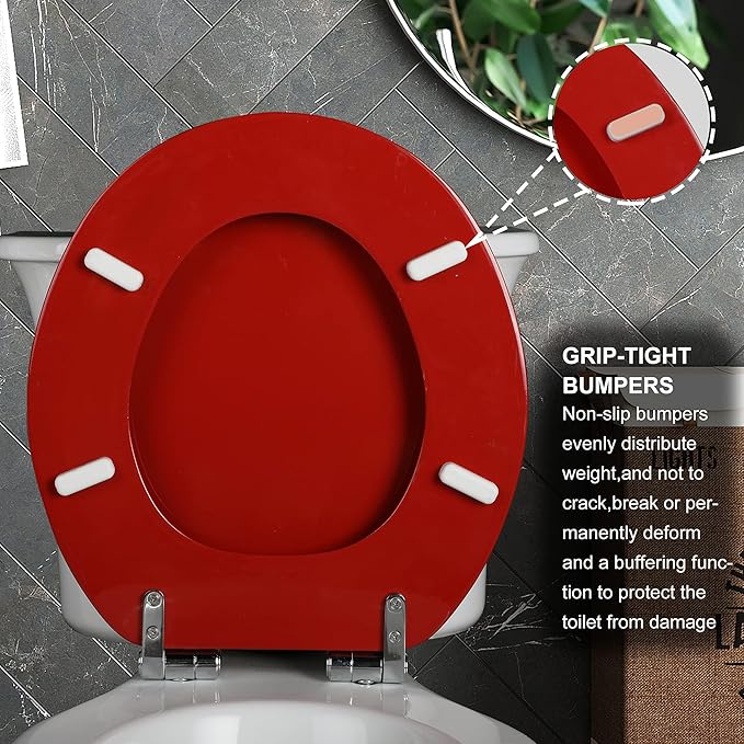 Red Round Toilet Seat Natural Wood Toilet Seat with Zinc Alloy Hinges, Easy to Install also Easy to Clean, Scratch Resistant Toilet Seat by Angol Shiold (Round, Red)