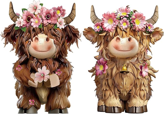 Burbell 2 Pcs Highland Cow Figurines Decor Daisy Flower Highland Cow Gnomes Resin Statue Calf Lovers Gifts for Farmhouse Home Garden Kitchen Office Tiered Tray Table Decor