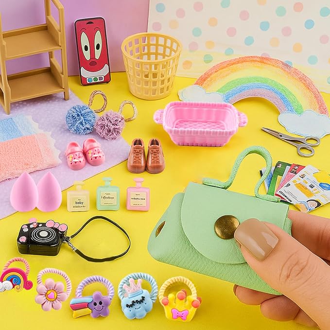 93 PCS Miniature Dollhouse Accessories Dollhouse Bathroom and Makeup Set with Towel Toothbrush Shampoo Toiletries Mini Perfume Shoes Backpack for Girl Micro Scene