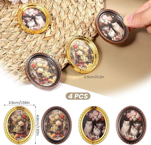 1:12 Scale Miniature Dollhouse Picture Frames – Set of 4 Antique Brass Oval Frames, Printed Floral Micro Accessories for DIY Room Box, Fairy Garden & Dollhouse Decor