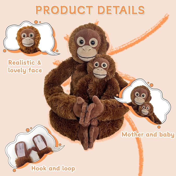 2pcs Orangutans Hanging Stuffed Animal Mother with Baby Hangs Plush Toys, Hooks and Stuffed Animals with Rings for Kids, Gifts for Boys and Girls（Red）
