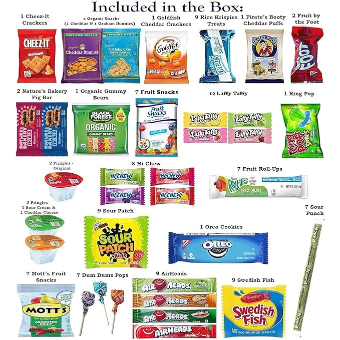Foxy Fane 150 count Deluxe Snack Box - Ultimate Gift Care Package with Variety Assortment of Crackers, Cookies, Candy, Chips & other Snacks - Bulk Bundle of Delicious Treats (150 Snacks)