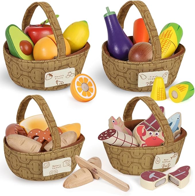 Lehoo Castle Wooden Play Food Set, Toy Food for Toddlers, Pretend Play Kitchen Accessories, Cutting Fruits and Vegetables Montessori Sorting Toys for Kids 3-5 Girls Boys