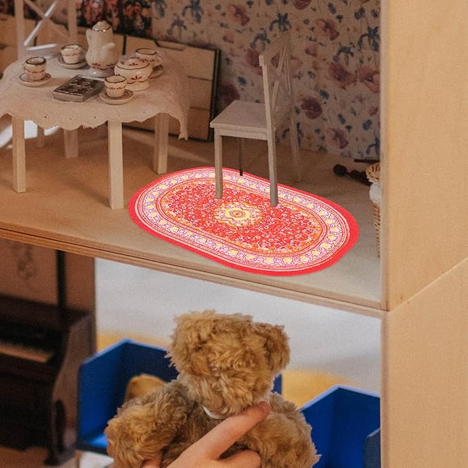 LOGOFUN 8PCS Miniature Carpet Doll House 1:12 Scale Mini Turkish Rugs Tiny Vintage Woven Oval Carpet for Micro Scene Furniture Accessories