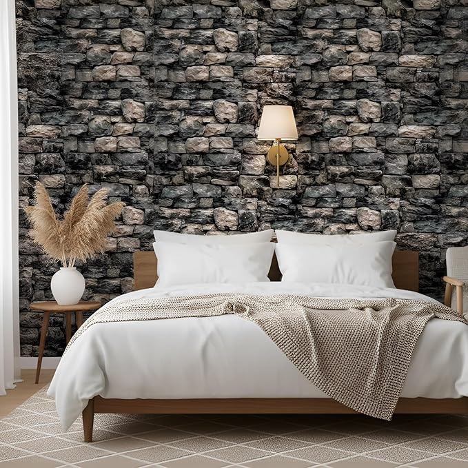 Flutesan 3 Pcs Miniature Dollhouse Wallpaper and Flooring Peel and Stick 1:12 Scale Self Adhesive Doll House Wallpaper DIY Mini Dollhouse Accessories 8.27 x 11.69 Inch(Stone Wall)