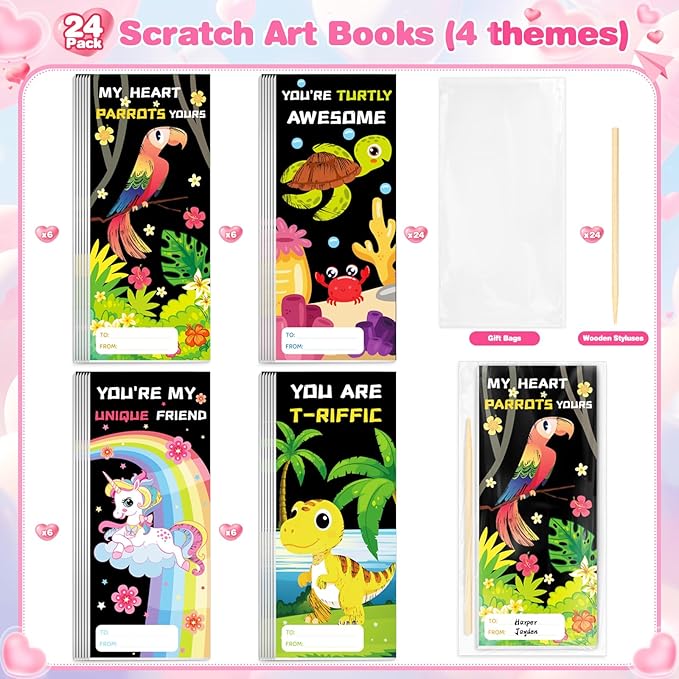 Shemira Valentines Day Gifts for Kids-24 Pack Scratch Art Crafts Notebook Kit with Valentines Cards for Kids, Valentines Day Cards for School Classroom Exchange, Valentines Party Favor Supplies