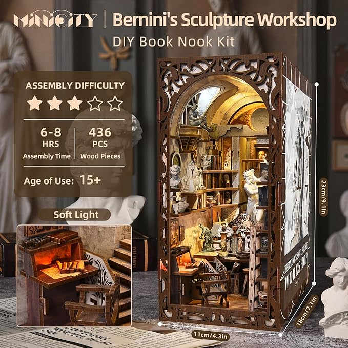 Book Nook Kit, DIY Doll House Booknook, Miniature Kit for Bookshelf Doll Houses for Adults Teen Halloween, 3D Wooden Puzzle Bookends with Led Light and Dust Cover (Bernini's Workshop)