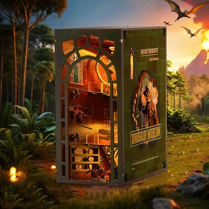 Book Nook Kit - DIY Booknook with LED Lights - 3D Wooden Puzzle for Adults - Bookshelf Insert Decor - Educational Gift for Family & Friends（Dinosaur Museum）