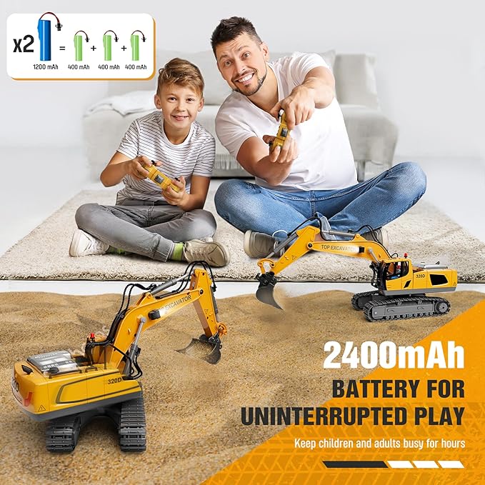 Remote Control Excavator Toy for Boys | 11-Channel Metal Construction Truck with Lights, 2×1200mAh Batteries, 120-Min Playtime | RC Excavator Toys for Kids Ages 3-12, STEM Gift for Birthday