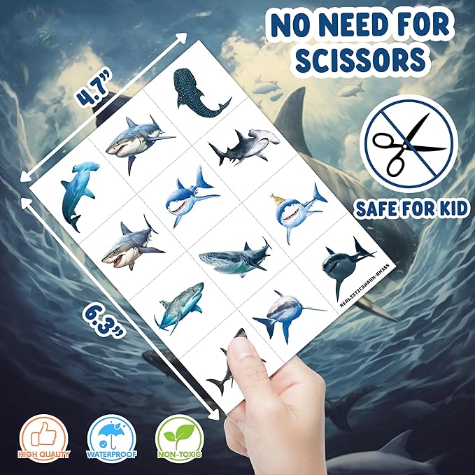 60PCS Realistic Shark Temporary Tattoos for Kids Birthday Party Decorations, Supplies– Ocean Sea Animal Fake Tattoos for Boys Girls – Under the Sea Party Favors, Classroom Rewards Gifts
