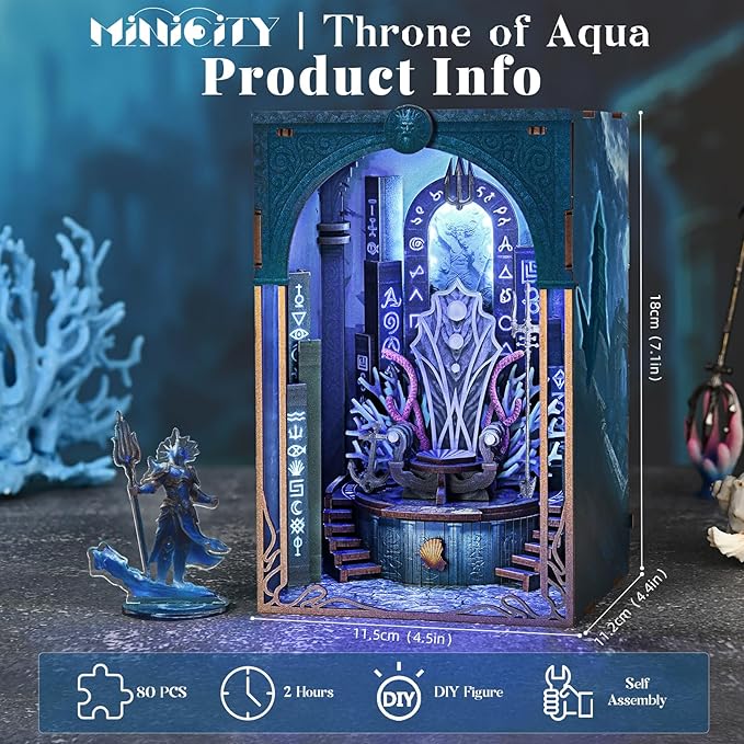 Book Nook Kit - DIY Miniature Dollhouse Kits Gifts for Adults to Build, Throne Miniatures, Wooden Adults Crafts, Mini Model Kits with LED (Throne of Aqua)