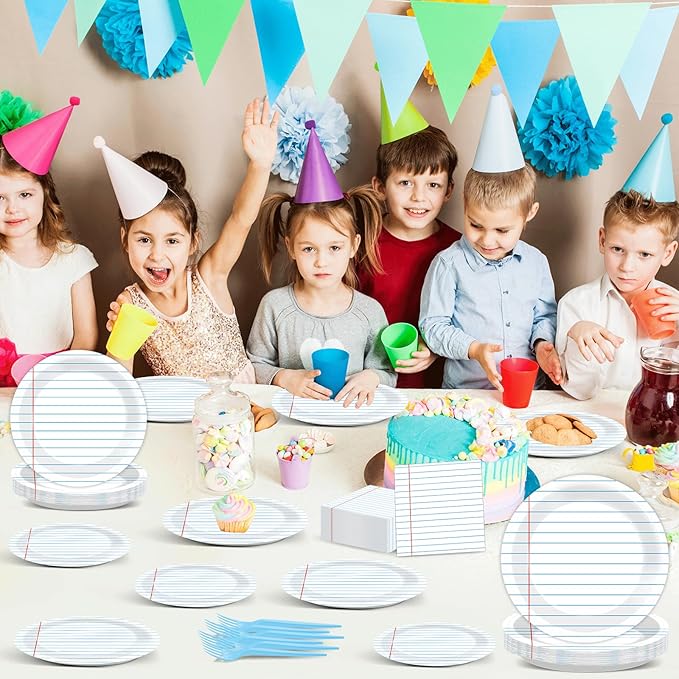96Pcs Back to School Party Decorations Paper Handwriting Notebook Tableware First Day of School Plates Napkins Graduate Party Supplies for Kindergarten Teacher School Season Supply Serves 24 Guests