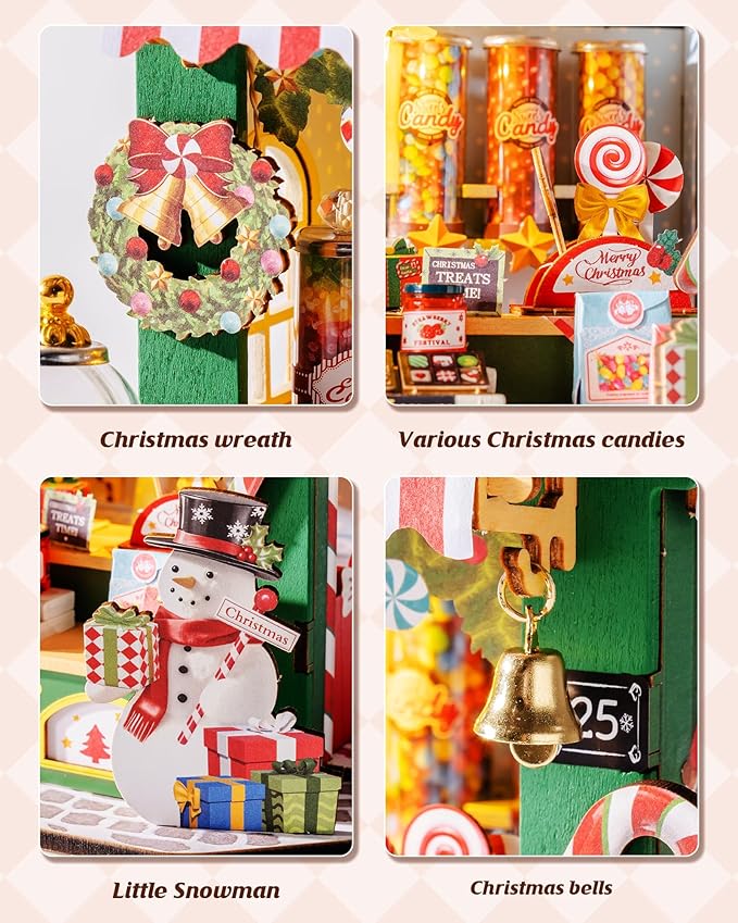 ROBOTIME DIY Miniature House Kit for Adult and Teens, Tiny House Building Kit for Family and Friends, Mini Wooden Dollhouse Kit for Halloween/Christmas/Birthday Gifts (Christmas Candy Stand)