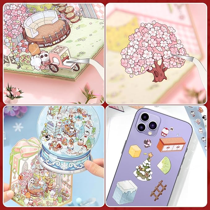 DIY 3D House Stickers, 4 Set Fun DIY Stickers Scene Make Your Own Snowball, Paint Box, Gift Box, Cake House,Cute 3D Cartoon Scene Sticker for Adult Kids Relief Stress Pass The Time