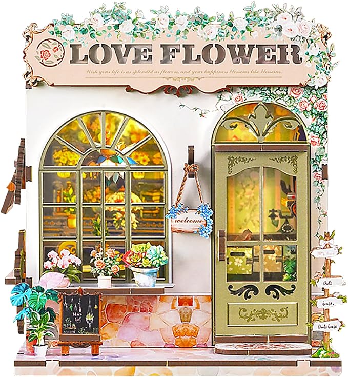 Book Nook Kit – DIY Miniature House Kit with LED Light, 3D Wooden Puzzle Bookshelf Insert Decor, Flower Shop Style Booknook for Adults and Teens, Creative Gift Idea