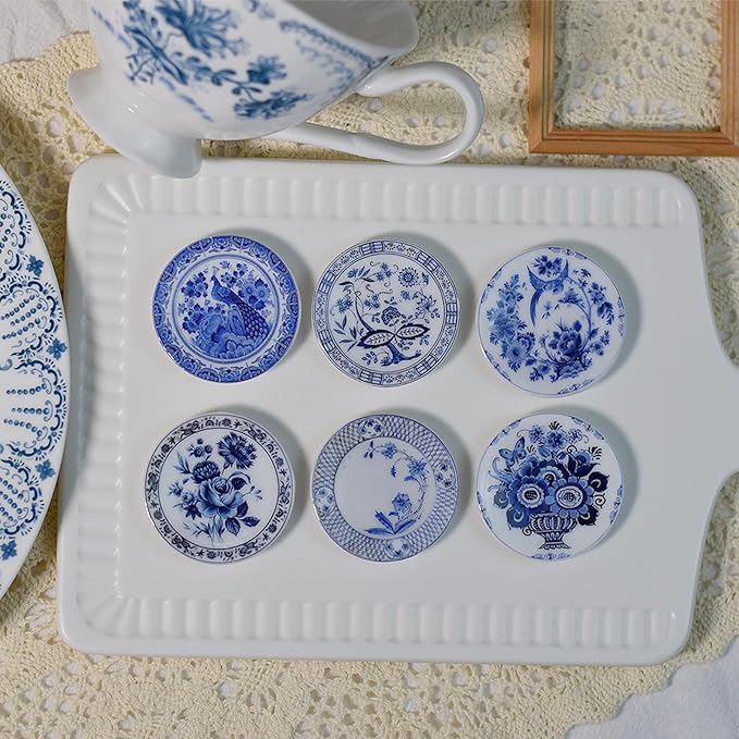 6PCS Handcrafted Miniature Ceramic Plates in 1:12 or 1:6 Scale, Vintage Porcelain Playhouse Dishes (Blue-White A, 4CM)