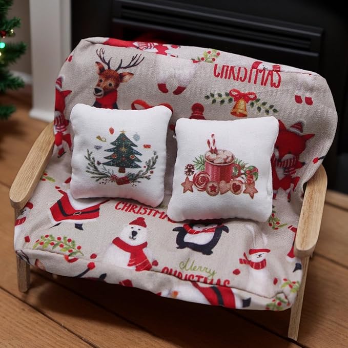 4Pcs Dollhouse Christmas Pillows, Miniature Sofa Pillow, Dollhouse Accessories, with Xmas Pattern, for Christmas Doll House Living Room Decor, 1.6x1.6 Furniture Bedroom Furniture