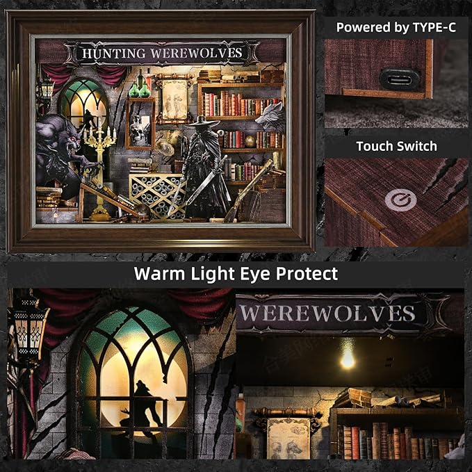 Book Nook Kit-3D Wooden Puzzle with LED Switch Control & Wall-Mountable Frame,DIY Miniature House for Beginners,Bookshelf/Tabletop/Wall Decor for Craft Lovers,Dollhouse Gift,Hunting Werewolves
