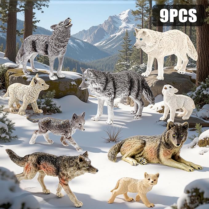9PCS Wolf Toys Animal Figurines, Realistic Plastic Zoo Safari Animal Toys for Kids 3 4 5 6 7, Forest Wolf Animals Figures, Educational Toy Cake Toppers Birthday Gift for Kids Boys Girls
